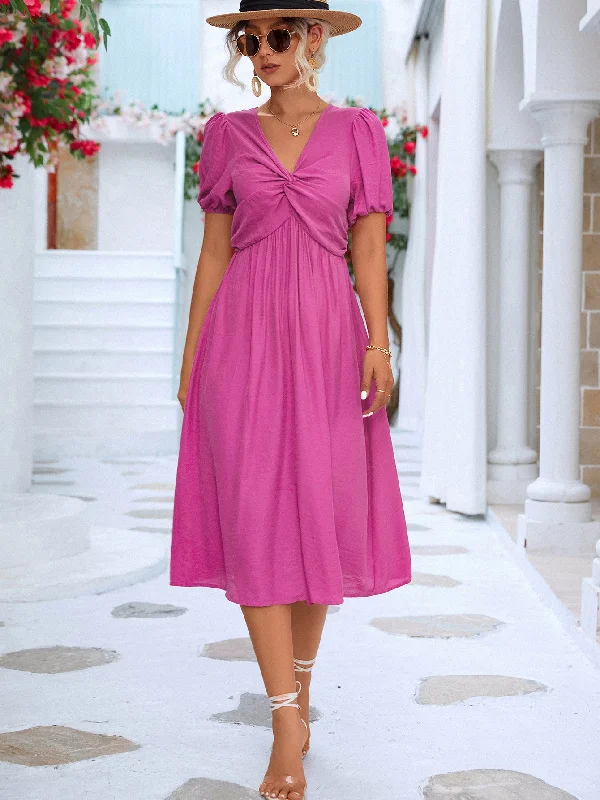 Twisted Short Puff Sleeve V-Neck Dress (S-XL)