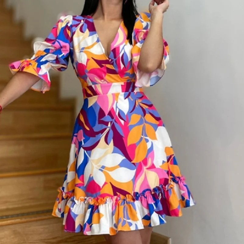 V-Neck Half Sleeves Print Ruffles Dress
