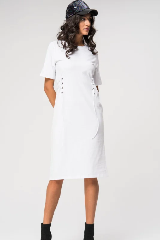 Ladies White Short-Sleeve Corset Tie Dress