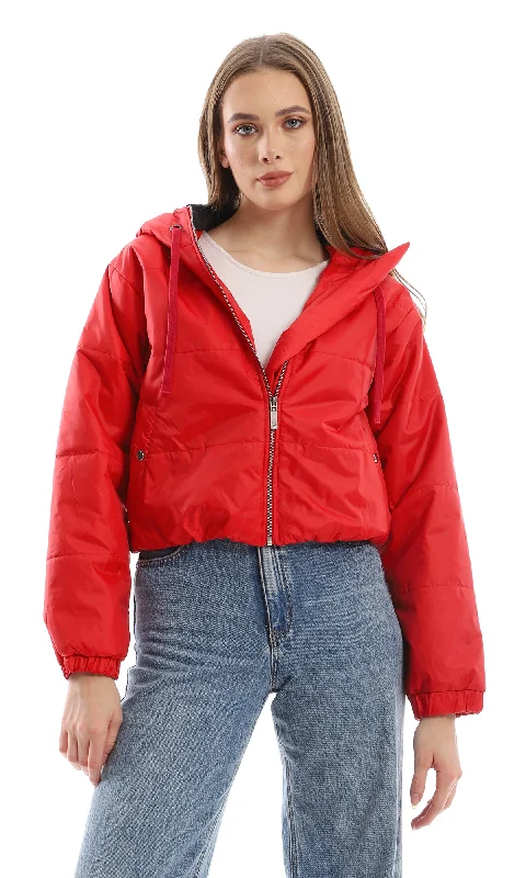 O156252 Hooded Bomber Jacket With Front Zipper - Red Tiered Jacket Buttoned Jacket Zippered Jacket O156252 Hooded Bomber Jacket With Front Zipper - Red Tiered Jacket Buttoned Jacket Zippered Jacket