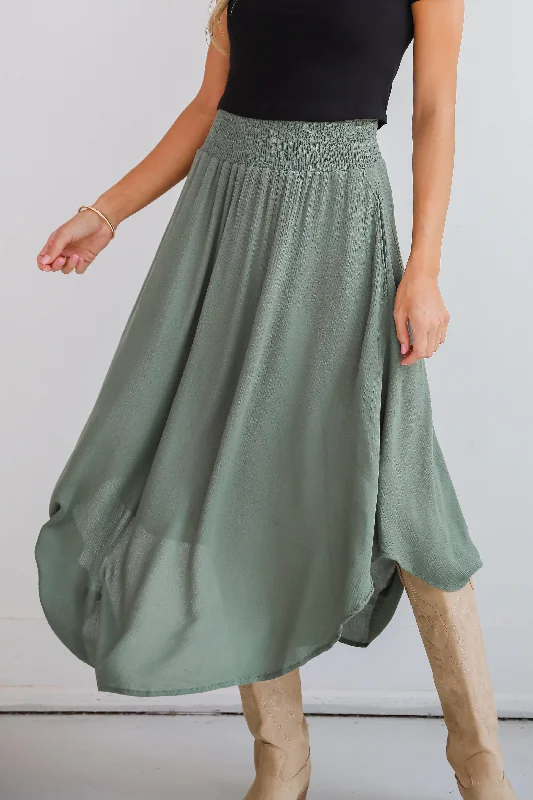 FINAL SALE - Sensational Purpose Olive Midi Skirt pleated skirt texture
